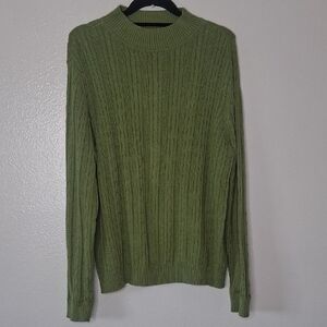 Studio Works Sweater Womens Cable Knit Mock Neck Pullover Green Ribbed Sz Large